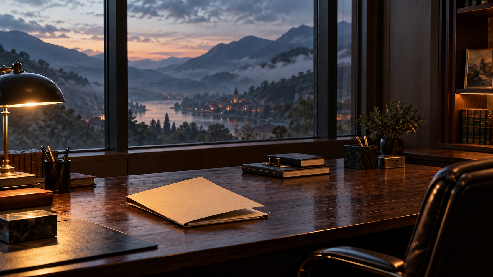 An unmarked file on a lawyer’s desk at dusk, illustrating the story of fictional character Jack Nahit Demirsoylu, created by Necip İlker Karaoğlan.